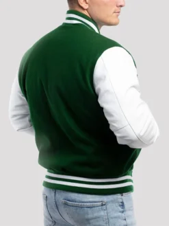 Unisex Green And White Lettermen Jacket Back