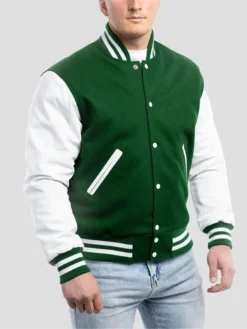 Unisex Green And White Lettermen Jacket Buttoned