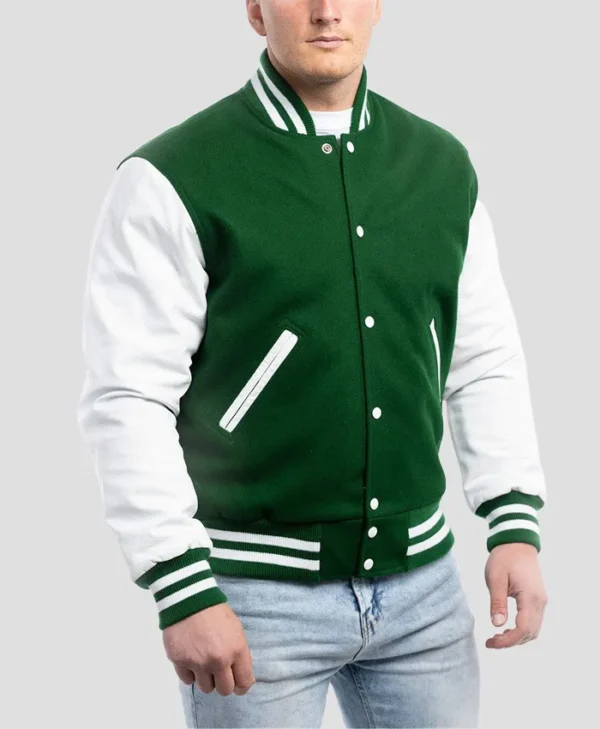 Unisex Green And White Lettermen Jacket Buttoned