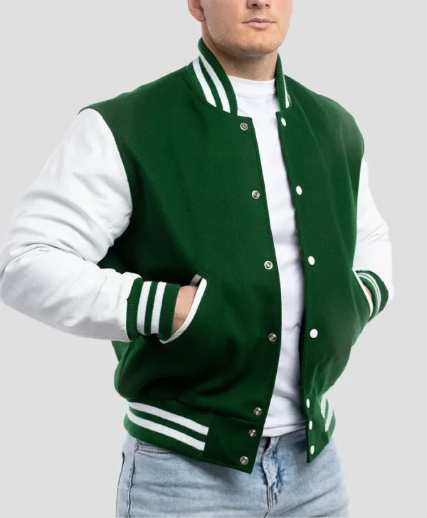 Unisex Green And White Lettermen Jacket Main