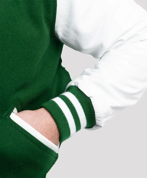 Unisex Green And White Lettermen Jacket Pockets