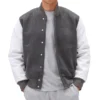 Unisex Light Grey Varsity Bomber Jacket Buttoned