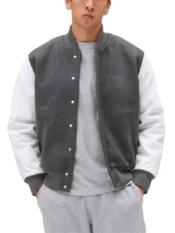 Unisex Light Grey Varsity Bomber Jacket Buttoned