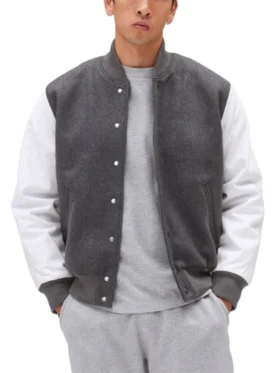 Unisex Light Grey Varsity Bomber Jacket Buttoned