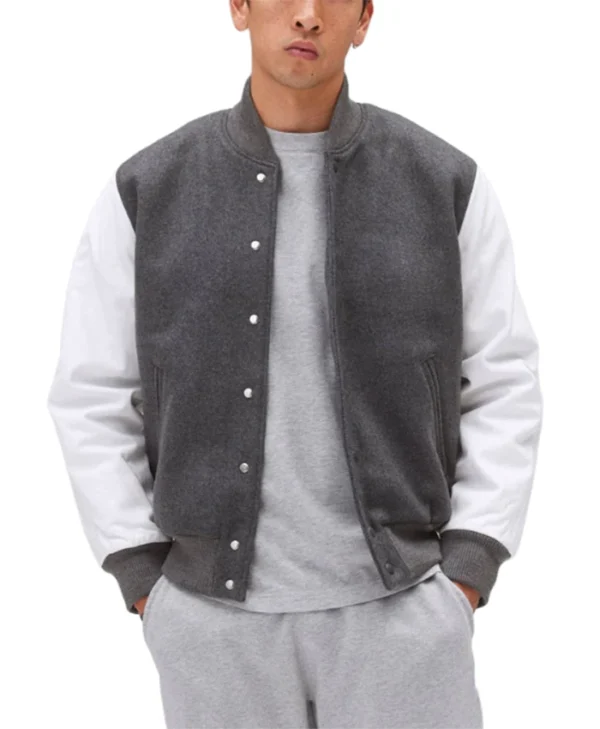 Unisex Light Grey Varsity Bomber Jacket Buttoned