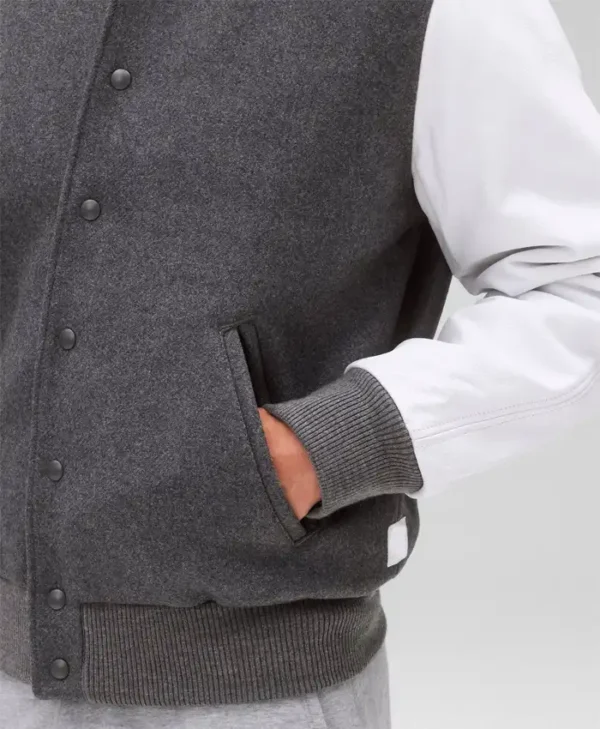 Unisex Light Grey Varsity Bomber Jacket Pockets