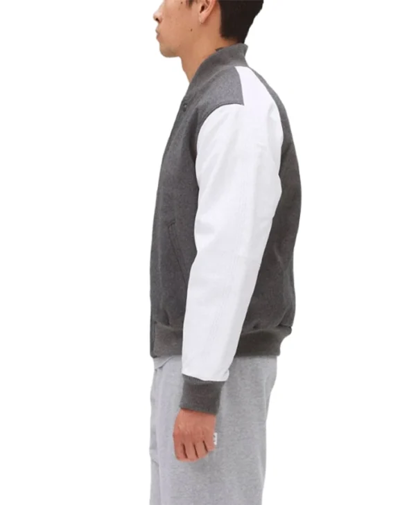 Unisex Light Grey Varsity Bomber Jacket Side