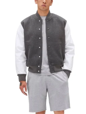 Unisex Light Grey Varsity Bomber Jacket Stand Up