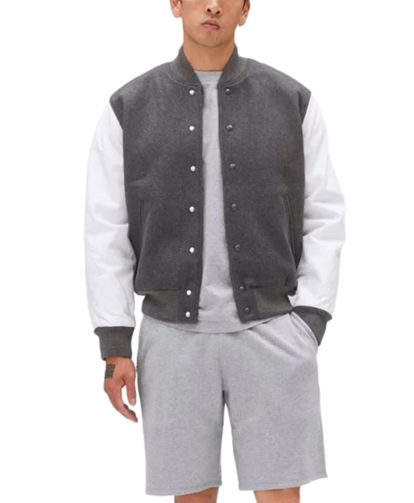 Unisex Light Grey Varsity Bomber Jacket Stand Up