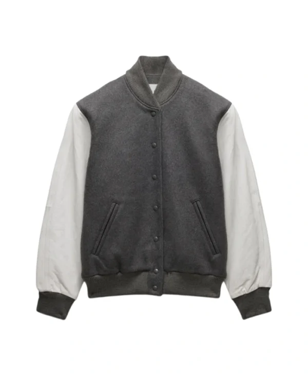 Unisex Light Grey Varsity Bomber Jacket Varsity