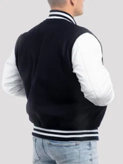 Unisex Navy Blue And White Lettermen Varsity Jacket Back