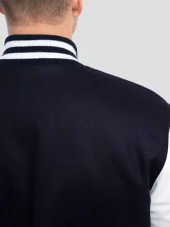 Unisex Navy Blue And White Lettermen Varsity Jacket Collar