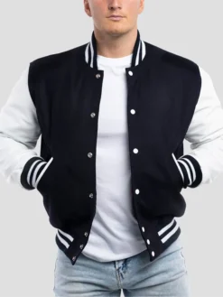 Unisex Navy Blue And White Lettermen Varsity Jacket Front