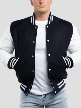 Unisex Navy Blue And White Lettermen Varsity Jacket Front