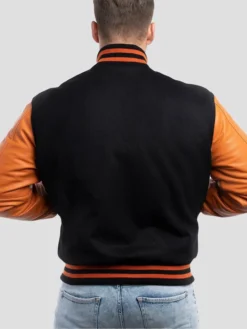 Unisex Orange And Black Varsity Bomber Jacket Back