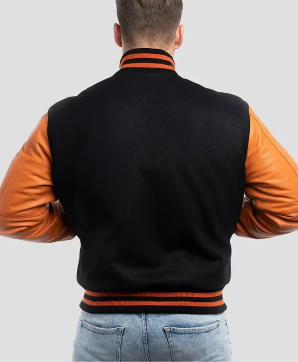 Unisex Orange And Black Varsity Bomber Jacket Back
