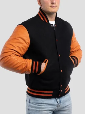 Unisex Orange And Black Varsity Bomber Jacket Main