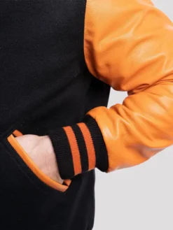 Unisex Orange And Black Varsity Bomber Jacket Pocket