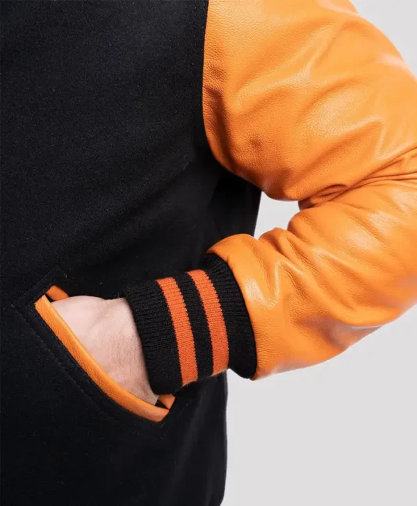 Unisex Orange And Black Varsity Bomber Jacket Pocket
