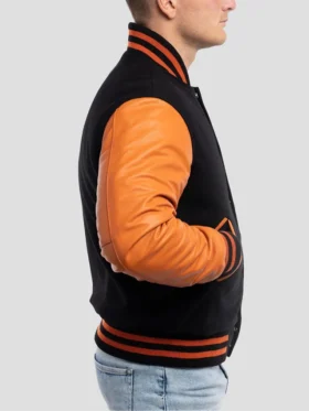 Unisex Orange And Black Varsity Bomber Jacket Side