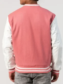 Unisex Pink Wool White Leather Sleeves Varsity Jacket Back
