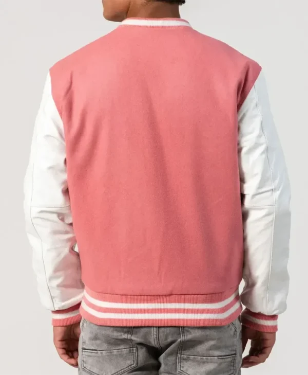 Unisex Pink Wool White Leather Sleeves Varsity Jacket Back