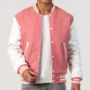 Unisex Pink Wool White Leather Sleeves Varsity Jacket Main