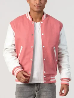 Unisex Pink Wool White Leather Sleeves Varsity Jacket Main