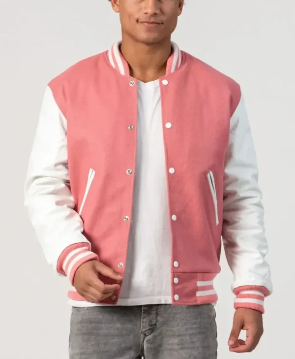 Unisex Pink Wool White Leather Sleeves Varsity Jacket Main
