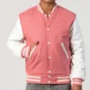 Unisex Pink Wool White Leather Sleeves Varsity Jacket Pockets