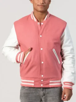 Unisex Pink Wool White Leather Sleeves Varsity Jacket Pockets