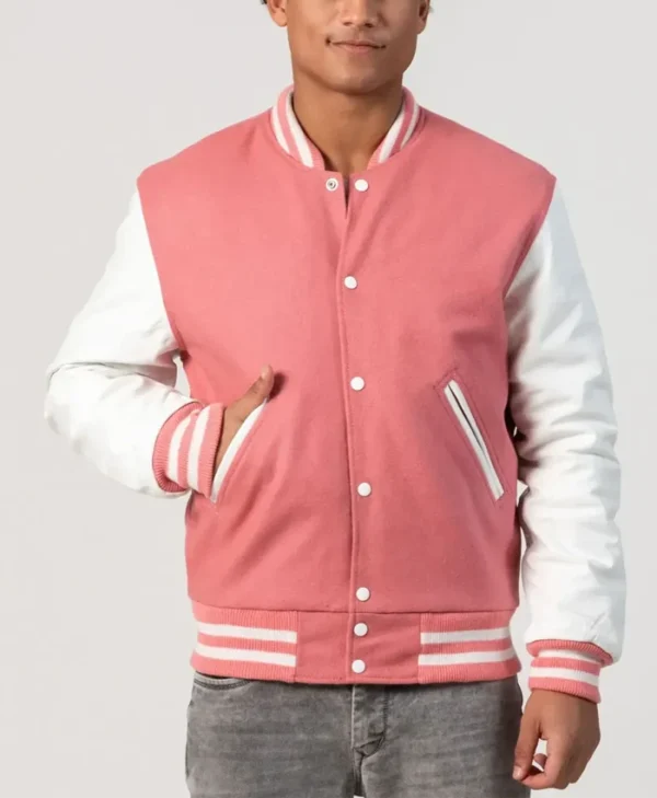 Unisex Pink Wool White Leather Sleeves Varsity Jacket Pockets