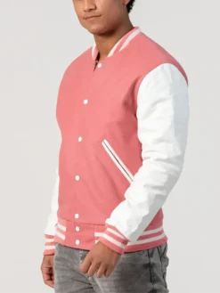 Unisex Pink Wool White Leather Sleeves Varsity Jacket Side