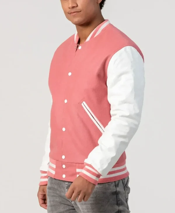 Unisex Pink Wool White Leather Sleeves Varsity Jacket Side