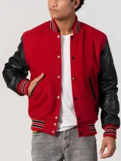 Unisex Red And Black Varsity Jacket Pockets
