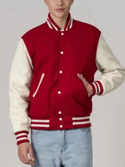 Unisex Red And White Varsity Lettermen Jacket Pockets