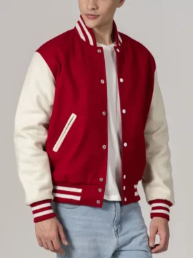 Unisex Red And White Varsity Lettermen Jacket Style