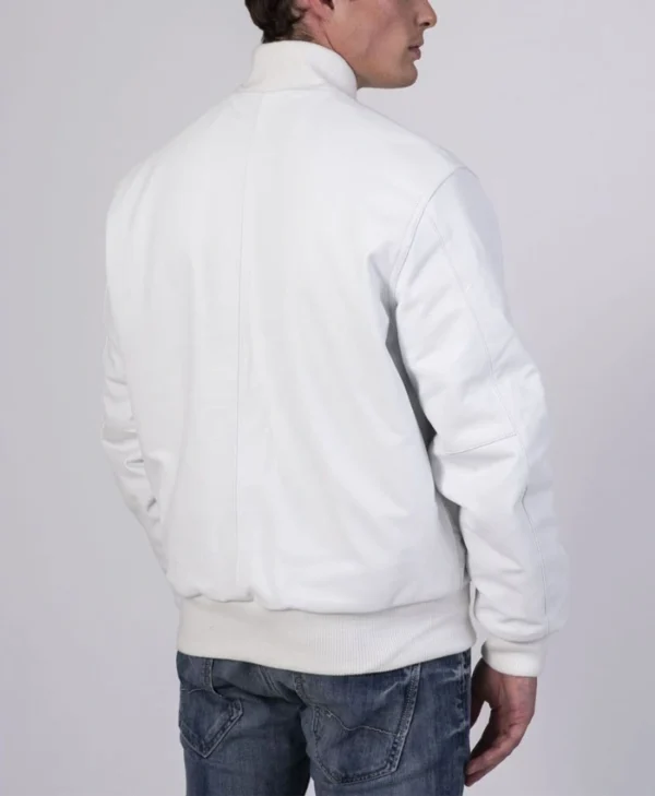 Unisex White Varsity Lettermen Bomber Jacket Back