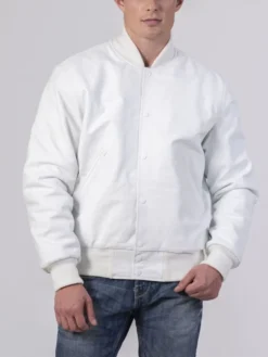 Unisex White Varsity Lettermen Bomber Jacket Buttoned