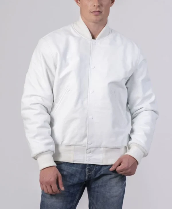 Unisex White Varsity Lettermen Bomber Jacket Buttoned