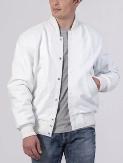 Unisex White Varsity Lettermen Bomber Jacket Pockets