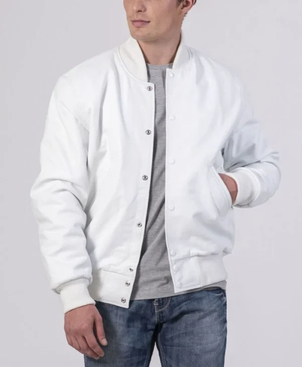 Unisex White Varsity Lettermen Bomber Jacket Pockets
