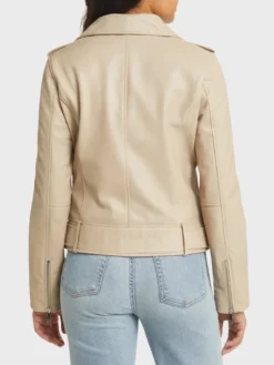 Women's Beige Leather Motorcycle Jacket Back