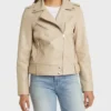 Women’s Beige Leather Motorcycle Jacket Front