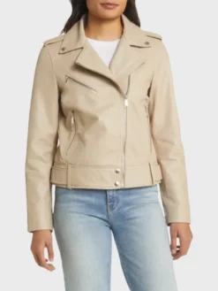 Women’s Beige Leather Motorcycle Jacket Front