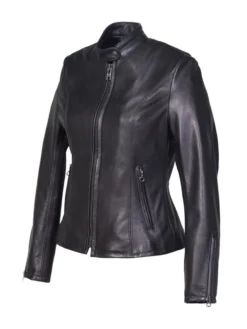 Womens Black Cafe Racer Leather Jacket Side