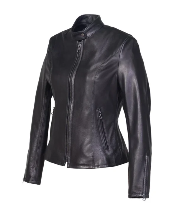 Womens Black Cafe Racer Leather Jacket Side