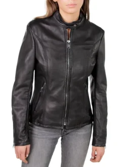 Womens Black Cafe Racer Leather Jacket Snap