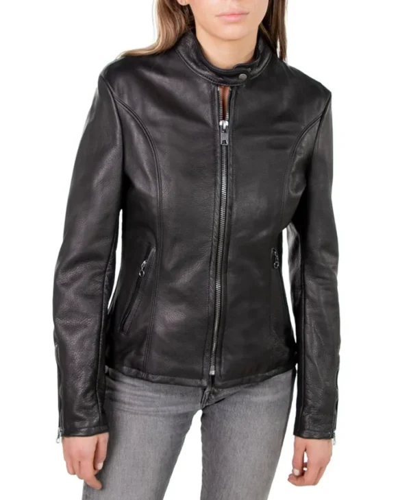 Womens Black Cafe Racer Leather Jacket Snap