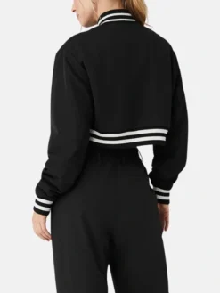 Womens Black Cropped Baseball Varsity Jacket Back